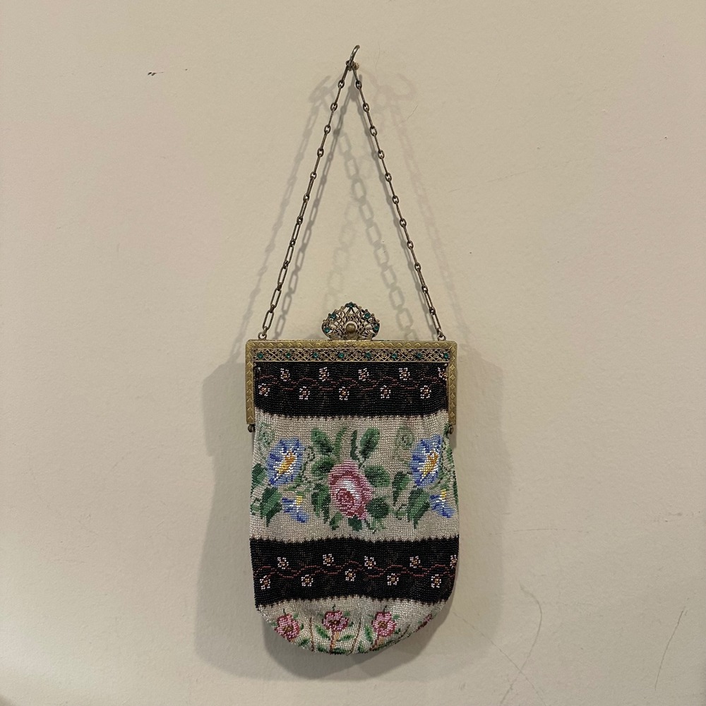 Antique Micro Beaded Floral Evening Bag Gold Filigree Green purse